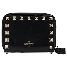 Valentino-Valentino Black Rockstud Zip Around Leather Small Wallet-Black