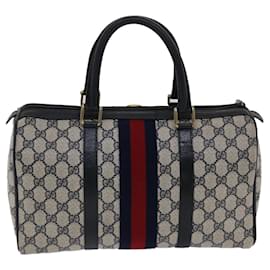 Gucci-GUCCI GG Canvas Sherry Line Boston Bag Gray Red Navy 012384258 Auth bs7178-Grey