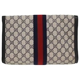 Gucci-GUCCI GG Canvas Sherry Line Clutch Bag PVC Leather Red Navy gray Auth th3865-Red