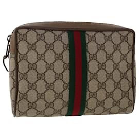Gucci-GUCCI GG Canvas Web Sherry Line Clutch Bag PVC Leather Beige Red Auth ep1362-Brown