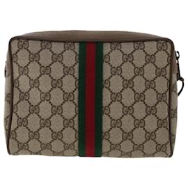 Gucci-GUCCI GG Canvas Web Sherry Line Clutch Bag PVC Leather Beige Red Auth ep1362-Brown