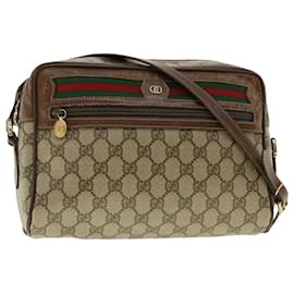 Gucci-GUCCI GG Canvas Web Sherry Line Shoulder Bag PVC Leather Beige Green Auth fm2201-Brown
