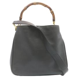 Gucci-GUCCI Bamboo Hand Bag Leather 2Way Shoulder Bag Black Auth ni086-Black