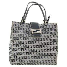 Fendi-FENDI Zucchino Canvas Mamma Baguette Shoulder Bag Navy Auth 39439-Blue