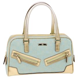 Gucci-GUCCI GG Canvas Hand Bag Leather Light Blue Gold Auth 50157-Blue