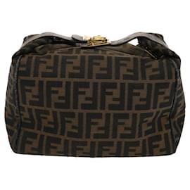 Fendi-FENDI Zucca Canvas Vanity pochette Sac à main Nylon Marron Noir Auth 50427-Marron