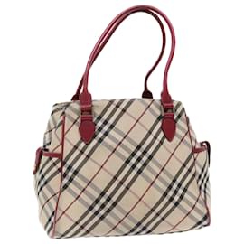Burberry-BURBERRY Nova Check Blue Label Hand Bag Nylon Leather Beige Red Auth 50435-Brown
