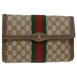 Gucci-GUCCI GG Canvas Web Sherry Line Clutch Bag PVC Leather Beige Red Auth 49998-Brown