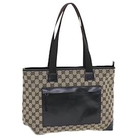 Gucci-GUCCI GG Canvas Tote Bag Beige Black Auth 50174-Brown