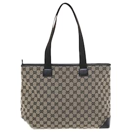 Gucci-GUCCI GG Canvas Tote Bag Beige Black Auth 50174-Brown