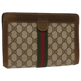 Gucci-GUCCI GG Canvas Web Sherry Line Clutch Bag Beige Red 37.014.2125 Auth yk8078-Brown