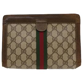 Gucci-GUCCI GG Canvas Web Sherry Line Clutch Bag Beige Red 37.014.2125 Auth yk8078-Brown