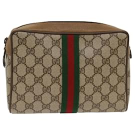 Gucci-GUCCI GG Canvas Web Sherry Line Clutch Bag PVC Leather Beige Red Auth ep1297-Brown
