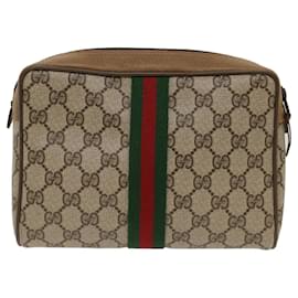 Gucci-GUCCI GG Canvas Web Sherry Line Clutch Bag PVC Leather Beige Red Auth ep1297-Brown