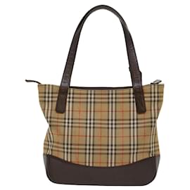 Burberry-BURBERRY Nova Check Hand Bag Nylon Beige Auth 50201-Brown