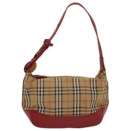 Burberry-BURBERRY Nova Check Hand Bag Canvas Beige Red Auth 50197-Brown