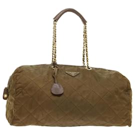 Prada-PRADA Quilted Chain Shoulder Boston Bag Nylon Brown Auth bs7278-Brown