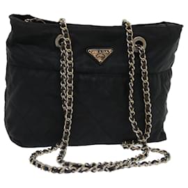 Prada-PRADA Quilted Chain Shoulder Bag Nylon Black Auth 50598-Black