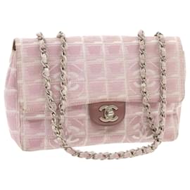 Chanel-Bolsa de ombro com corrente CHANEL Travel Line Nylon Rosa Prata CC Auth 18352-Rosa