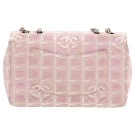 Chanel-CHANEL Travel Line Chain Shoulder Bag Nylon Pink Silver CC Auth 18352-Pink