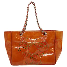 Chanel-CHANEL Triple Coco Punching Tote Bag Enamel Orange CC Auth jk1312-Orange