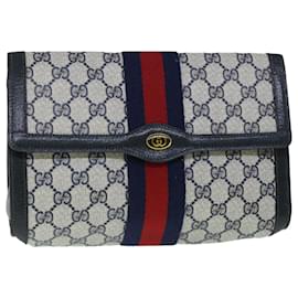 Gucci-GUCCI GG Canvas Sherry Line Clutch Bag Gray Red Navy 89 01 006 Auth yk8671-Red,Grey,Navy blue