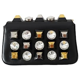 Fendi-Fendi Micro Baguette bag in black leather and large rhinestones-Black
