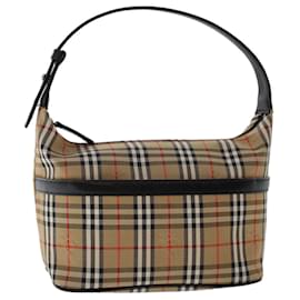Burberry-Burberrys Nova Check Hand Bag Canvas Leather Beige Black Red Auth 50488-Brown