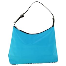 Burberry-BURBERRY Nova Check Shoulder Bag Nylon Leather Light Blue Black Auth bs7356-Blue