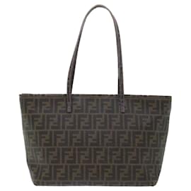 Fendi-FENDI Zucca Canvas Tote Bag PVC Leather Brown Black Auth 50536-Brown