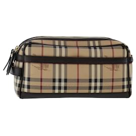 Burberry-BURBERRY Nova Check Clutch Bag PVC Leather Beige Dark Brown black Auth 50764-Brown