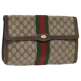 Gucci-GUCCI GG Canvas Web Sherry Line Clutch Bag PVC Leather Beige Red Auth 50791-Brown