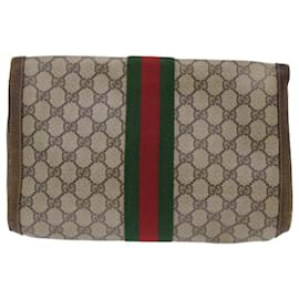 Gucci-GUCCI GG Canvas Web Sherry Line Clutch Bag PVC Leather Beige Red Auth 50791-Brown
