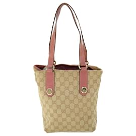 Gucci-GUCCI GG Canvas Tote Bag Leather Beige Pink 153361 302982 auth 50981-Brown