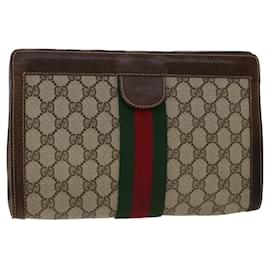 Gucci-GUCCI GG Canvas Web Sherry Line Clutch Bag PVC Leather Beige Red Auth 50560-Brown