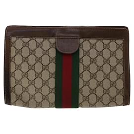 Gucci-GUCCI GG Canvas Web Sherry Line Clutch Bag PVC Leather Beige Red Auth 50560-Brown