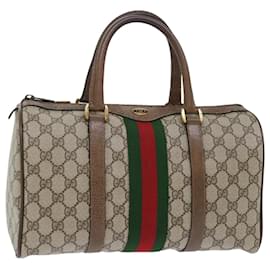 Gucci-GUCCI GG Canvas Web Sherry Line Boston Bag PVC Leather Beige Red Auth 50516-Brown