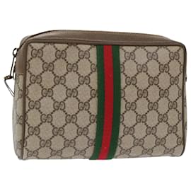 Gucci-GUCCI GG Canvas Web Sherry Line Clutch Bag PVC Leather Beige Red Auth 50795-Brown