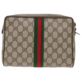 Gucci-GUCCI GG Canvas Web Sherry Line Clutch Bag PVC Leather Beige Red Auth 50795-Brown