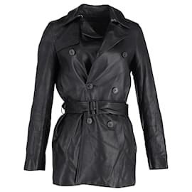 Nili Lotan-Nili Lotan Double-Breasted Trench Coat in Black Leather-Black