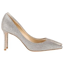Jimmy Choo Romy 100 Platinum Ice Glitter Pumps in Silver Leather Silvery