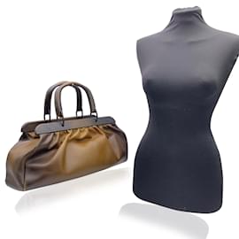 Gucci-Brown Leather Wood Handles Bag Handbag Satchel-Brown
