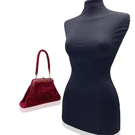 Autre Marque-Vintage Red Velvet Enamel Trapeze Handbag-Red