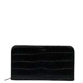 Yves Saint Laurent-Embossed Leather Zip Around Wallet 328558-Black