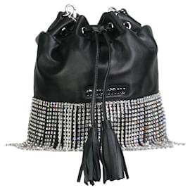Miu Miu-Black crystal-fringed leather bucket bag-Black
