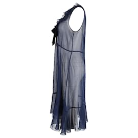 See by Chloé-See by Chloé Velvet Trimmed Ruffled Chiffon Dress in Navy Blue Polyester-Blue