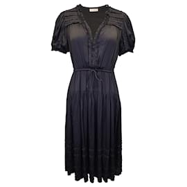 Ulla Johnson-Ulla Johnson Rose Shirred Ruffle Midi Dress in Black Polyester-Black