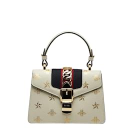 Gucci-Mini Sylvie Bee Star Leather Shoulder Bag 470270-White