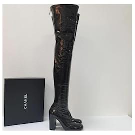 Chanel-Chanel High Over Knee Black Patent Leather Boots-Black