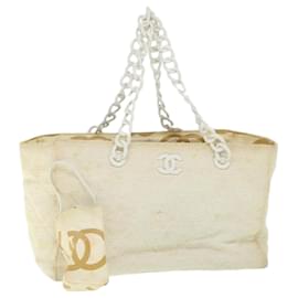 Chanel-CHANEL Bolsa de ombro com corrente matelassê palha branca CC Auth yk8642-Branco